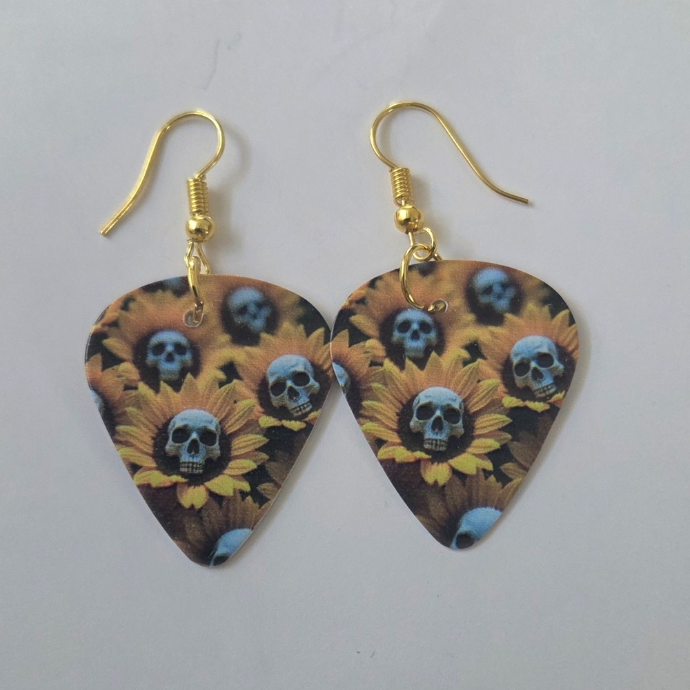 Guitar Pick Drop Earrings. Skull & Sunflower Design.  Brand New.